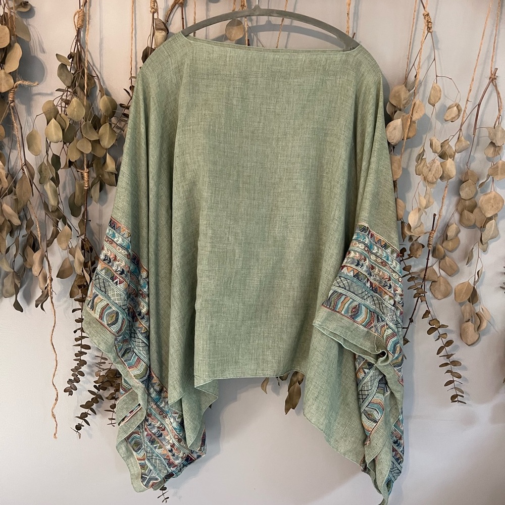 Fallon Embroidered Sleeve Poncho Serape One Size in Sage - Three Bird Nest